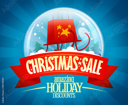 Christmas sale vector banner concept, snow globe and sleigh
