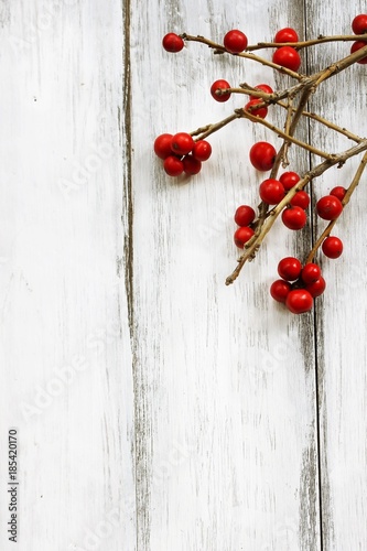 Winter berries on wooden background with copy space, selective focus