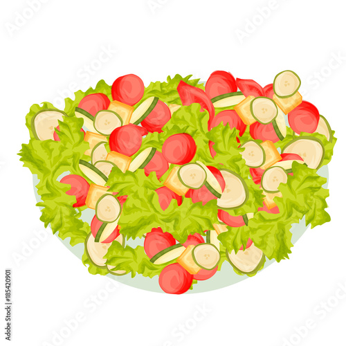 Food illustration of fresh salad with tomatoes and other vegetables,cartoon style