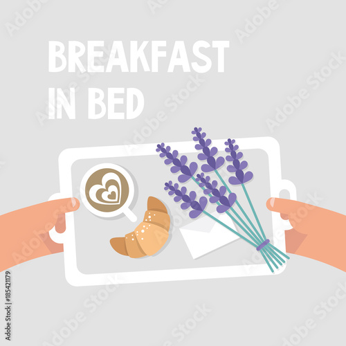 Breakfast in bed. POV. Coffee, croissant and a bouquet of lavender flowers on a tray. Flat editable vector illustration, clip art