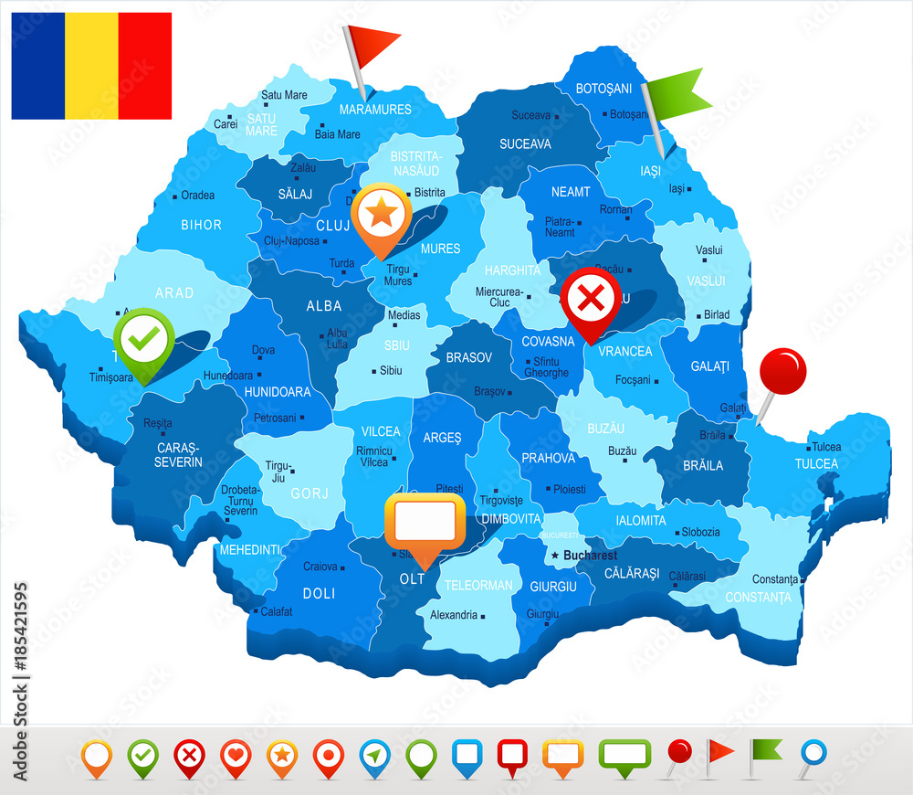 Obraz premium Romania - map and flag - Detailed Vector Illustration
