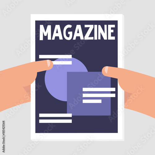 Reading. Hands holding a paper magazine. Cover template. Flat editable vector illustration, clip art