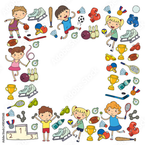 Boys and girls playing sports illustration Fitness, football, soccer, yoga, tennis, basketball, hockey, volleyball