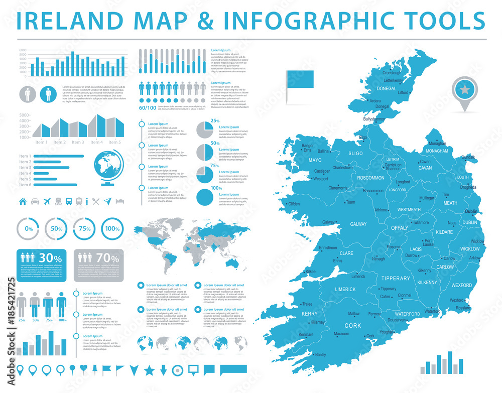 Naklejka premium Mapa Irlandii - informacje grafiki wektorowej