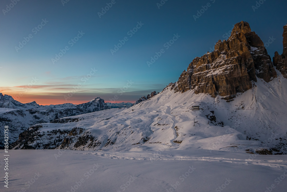 Majestic vivid landscape of snowy mountains ar sunset, Tre cime di Labaredo, Italy Majestic vivid landscape of snowy mountains ar sunset, Tre cime di Labaredo, Italy