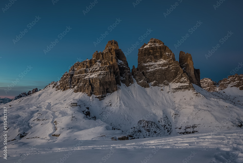 Unique night and winter mountain landscape of Tre Cime di Labaredo, popular landmark in Italy
