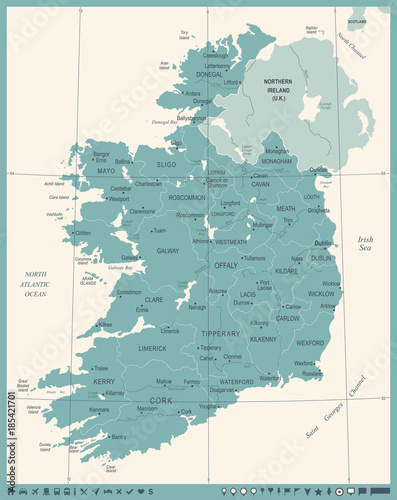 Fotografia, Obraz Ireland Map - Vintage Detailed Vector Illustration