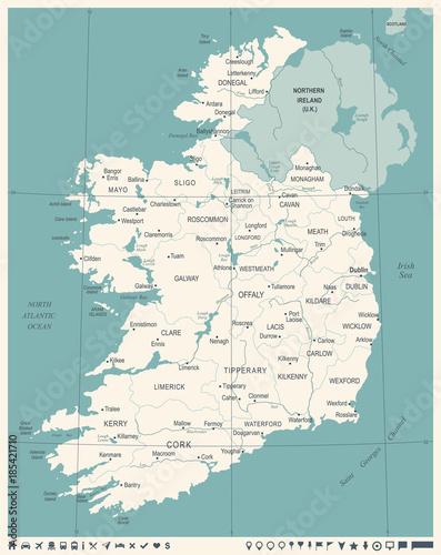 Fotografie, Obraz Ireland Map - Vintage Detailed Vector Illustration