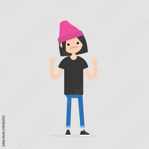 Young pissed off female character showing the middle fingers. Gestures. Emotions. Flat editable vector illustration, clip art
