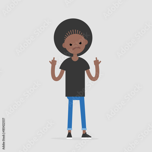 Young pissed off female character showing the middle fingers. Gestures. Emotions. Flat editable vector illustration, clip art