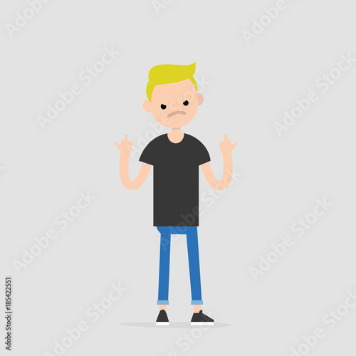 Young pissed off character showing the middle fingers. Gestures. Emotions. Flat editable vector illustration, clip art