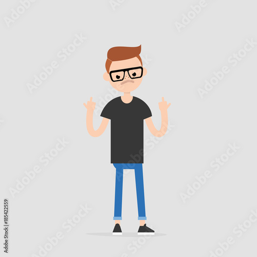 Young pissed off character showing the middle fingers. Gestures. Emotions. Flat editable vector illustration, clip art