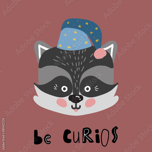 Cute cartoon little raccoon Childish print for nursery