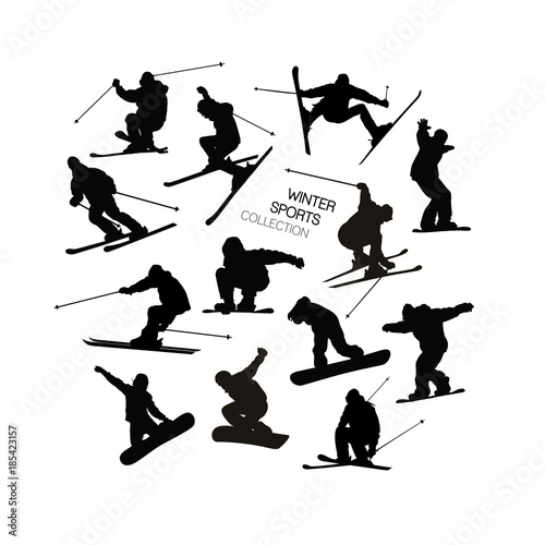 Set collection of black alpine skier s and snowboarders silhouettes isolated on white background.
