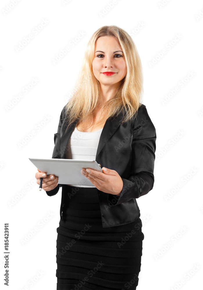 young business woman holding a tablet and looking to the camera young business woman holding a tablet and looking to the camera