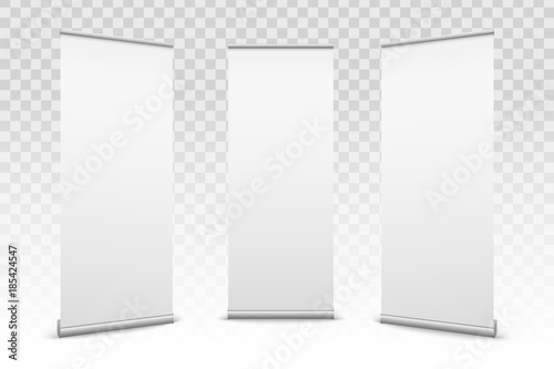 Creative vector illustration of empty roll up banners with paper canvas texture isolated on transparent background. Art design blank template mockup. Concept graphic promotional presentation element