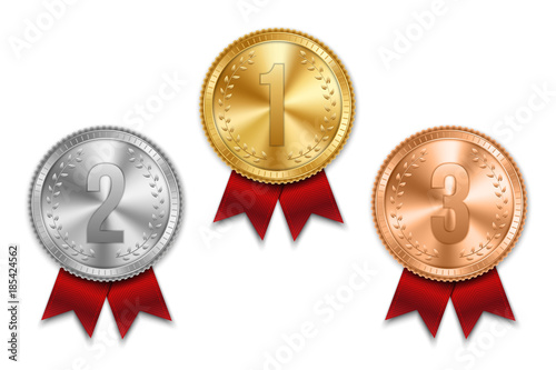 Creative vector illustration of realistic gold, silver and bronze medal set on colorful ribbon isolated on transparent background. Art design placement in sport competition contest. Graphic element