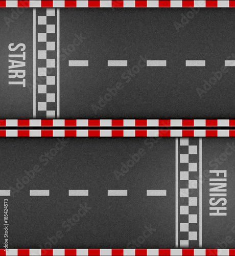 Creative vector illustration of finish line racing background top view. Art design. Start or finish on kart race. Grunge textured on the asphalt road. Abstract concept graphic element