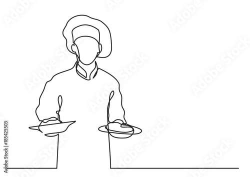 continuous line drawing of chef holding two meals