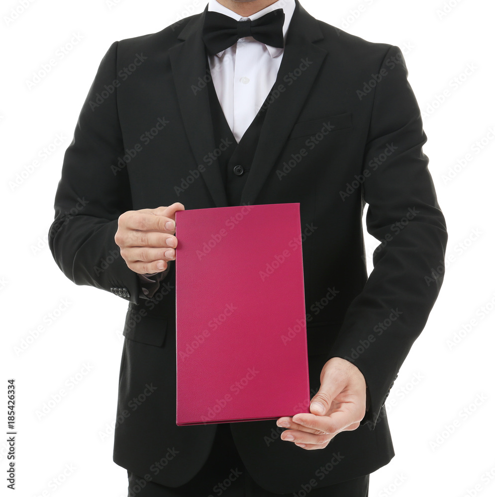 Waiter holding menu on white background Waiter holding menu on white background