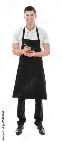 Waiter writing order on white background
