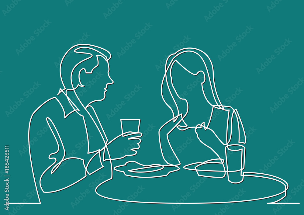 continuous line drawing of man and woman dining in restaurant Stock ...