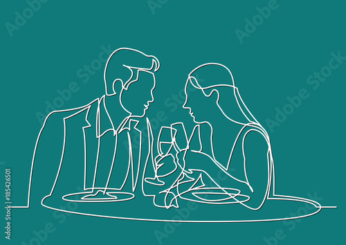 continuous line drawing of man and woman dating dining in restaurant
