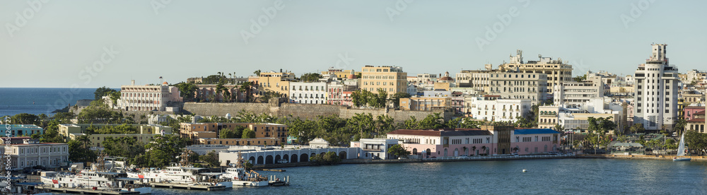 The city of old San Juan, Puerto Rico, and waterfront.