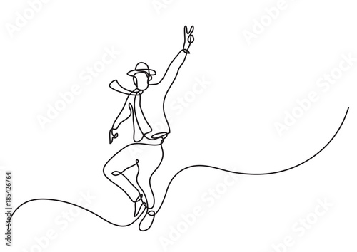 continuous line drawing of expressive happy jumping man showing victory sign