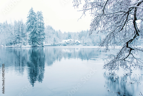 Winter house in snowy forest on lake in Germany.