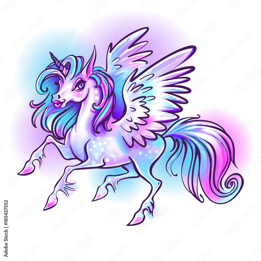Beautiful unicorn vector illustration. Magic fantasy horse design for kids T-shirt and bags. Unicorn with rainbow hairs Beautiful unicorn vector illustration. Magic fantasy horse design for kids T-shirt and bags. Unicorn with rainbow hairs