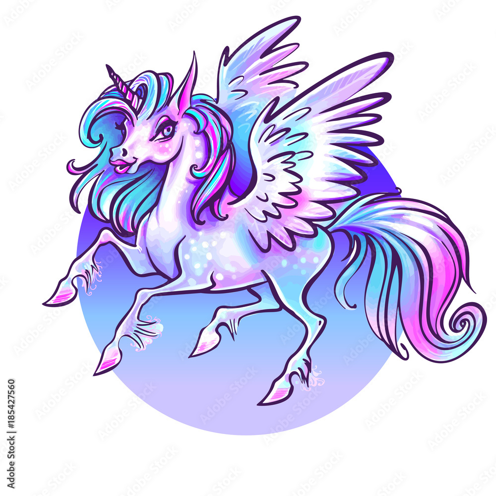 Fototapeta premium Beautiful unicorn vector illustration. Magic fantasy horse design for kids T-shirt and bags. Unicorn with rainbow hairs