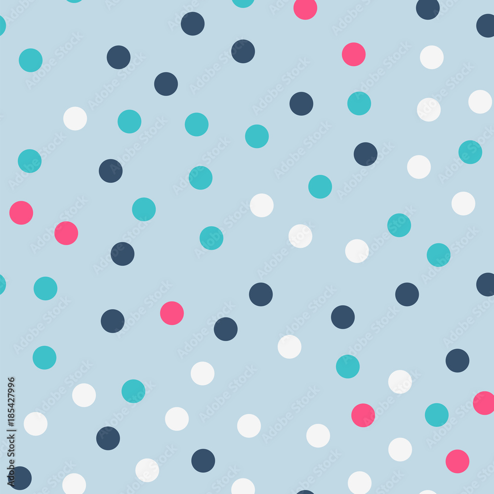 Colorful polka dots seamless pattern on bright 19 background. Terrific classic colorful polka dots textile pattern. Seamless scattered confetti fall chaotic decor. Abstract vector illustration.