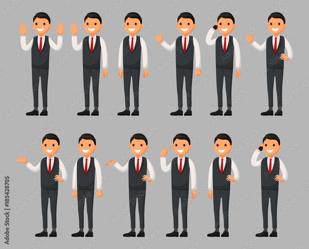 Set of a businessman cartoon character in different poses. Vector illustration in a flat style Set of a businessman cartoon character in different poses. Vector illustration in a flat style