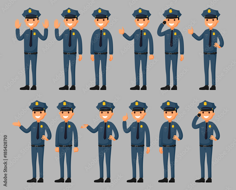 Set of a policeman cartoon character in different poses. Vector illustration in a flat style