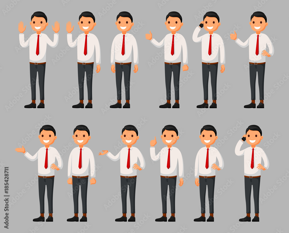Set of a businessman cartoon character in different poses. Vector illustration in a flat style Set of a businessman cartoon character in different poses. Vector illustration in a flat style