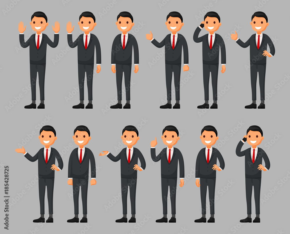 Set of a businessman cartoon character in different poses. Vector illustration in a flat style Set of a businessman cartoon character in different poses. Vector illustration in a flat style