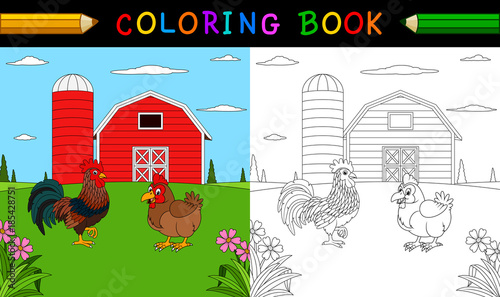 Coloring book or page. Cute rooster and hen in the farm