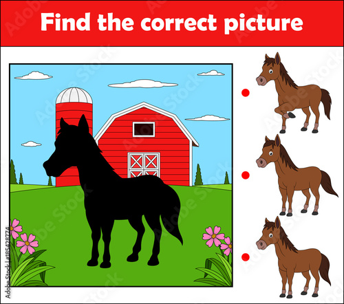 Find the correct picture, education game for children. Horse in the farm
