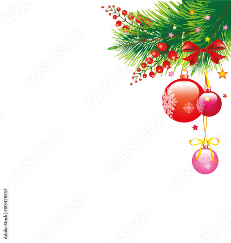 Christmas garland, balls,red bows, on a white