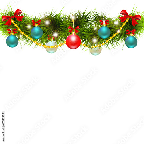 Christmas garland  balls red bows  on a white