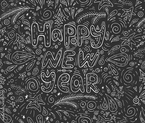 Christmas and Happy New Year black and white lettering.Set of greeting cards made in hand-drawn style. photo