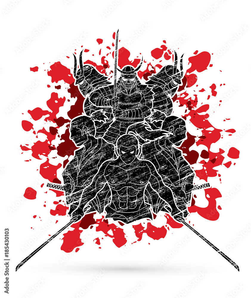 Group of Samurai, Ready to fight action designed on splatter blood  background cartoon graphic vector Stock Vector | Adobe Stock
