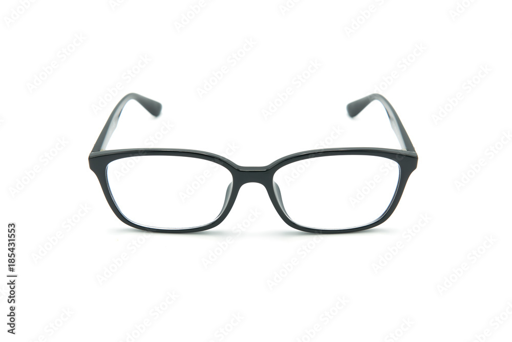 Black eye glasses spectacles with shiny black frame For reading daily life To a person with visual impairment. White background copy space. Black eye glasses spectacles with shiny black frame For reading daily life To a person with visual impairment. White background copy space.