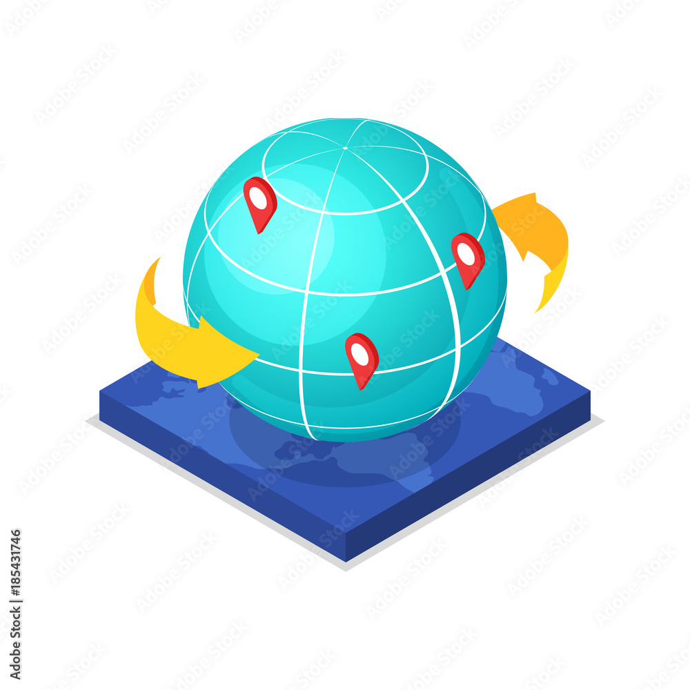 Worldwide route logistics concept with globe and pin pointers isometric 3D icon. Freight shipping and distribution, world delivery transportation vector illustration. Worldwide route logistics concept with globe and pin pointers isometric 3D icon. Freight shipping and distribution, world delivery transportation vector illustration.