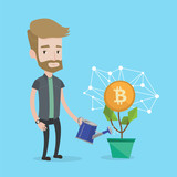 Young caucasian white man taking care of flower with golden bitcoin coin. Investment, blockchain network technology, ICO initial coin offering and cryptocurrency concept. Vector cartoon illustraton.