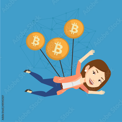Young caucasian white business woman using tokens as a parachute and feeling financial freedom after successful bitcoin trading. Successful cryptocurrency trading concept. Vector cartoon illustration.