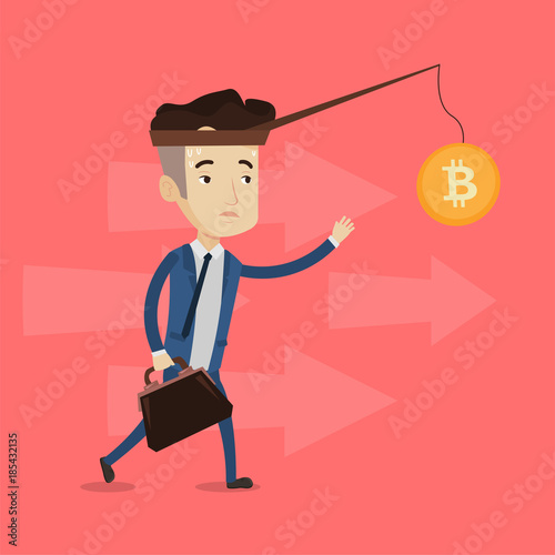 Young caucasian white businessman motivated by golden bitcoin coin hanging on a fishing rod. Blockchain network technology and cryptocurrency tokens concept. Vector cartoon illustration. Square layout