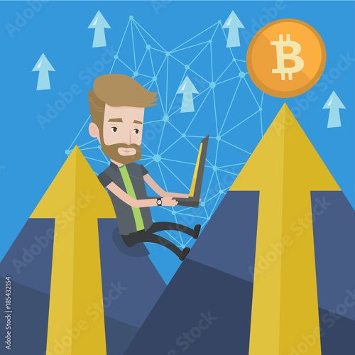 Caucasian white man working on a laptop in the mountains and mining bitcoins. Bitcoin trading, cryptocurrency mining, blockchain network technology concept. Vector cartoon illustration. Square layout.