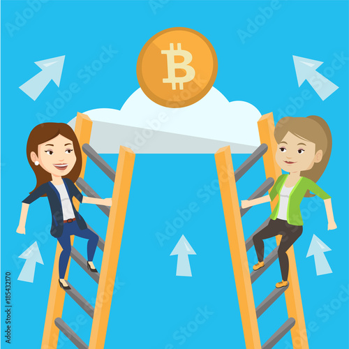 Young caucasian white women climbing the ladder on a cloud and competing for the investment into ICO projects. Concept of investment, startup, ICO initial coin offering. Vector cartoon illustration.